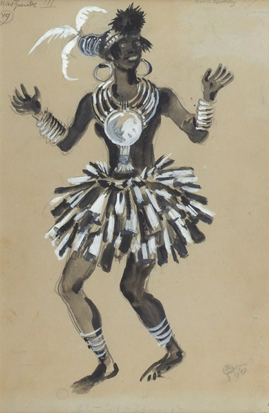 Добужинский Мстислав Валерианович (1875–1957) Эскиз костюма негритянки. 1943. Бумага, графитный карандаш, тушь, кисть, белила, серебряная краска, 38x25,5 см.