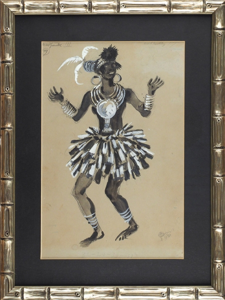 Добужинский Мстислав Валерианович (1875–1957) Эскиз костюма негритянки. 1943. Бумага, графитный карандаш, тушь, кисть, белила, серебряная краска, 38x25,5 см.