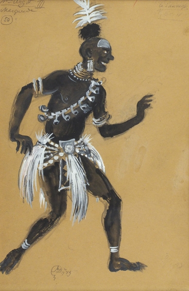 Добужинский Мстислав Валерианович (1875–1957) Эскиз костюма негра. Маскарад. 1943. Бумага, графитный карандаш, тушь, кисть, белила, серебряная краска, 38x25,5 см.