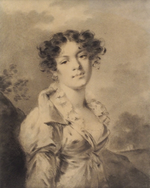 Молинари (Molinari) Александр (1722–1836) «Женский портрет». Конец 1800-х—первая половина 1810-х. Бумага на бумаге, акварель, кисть, сангина, 30,7x24,2 см.