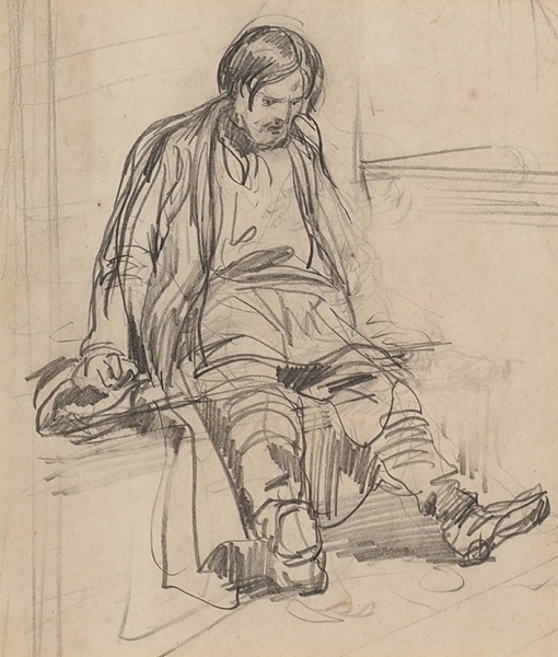Малявин Филипп Андреевич (1869–1940) «Пьяный мужик». 1890-е. Бумага, графитный карандаш, 24x37,5 см.