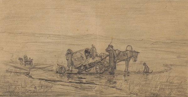 Малявин Филипп Андреевич (1869–1940) «Сломанная бричка». 1890-е. Бумага, графитный карандаш, 22,2x35,6 см.