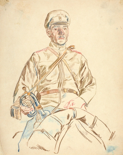 Френц Рудольф Рудольфович (1888–1956) «Трубач». 1916. Бумага, цветные карандаши, 25,2x19 см.