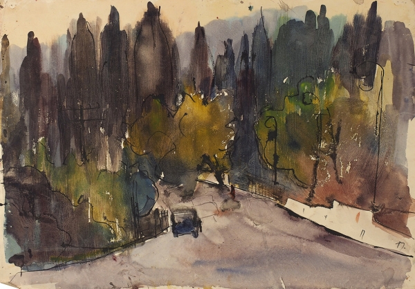 Золотарев Николай Николаевич (1915–1989) «Городской пейзаж». 1952. Бумага, смешанная техника, 41,5x59,5 см.