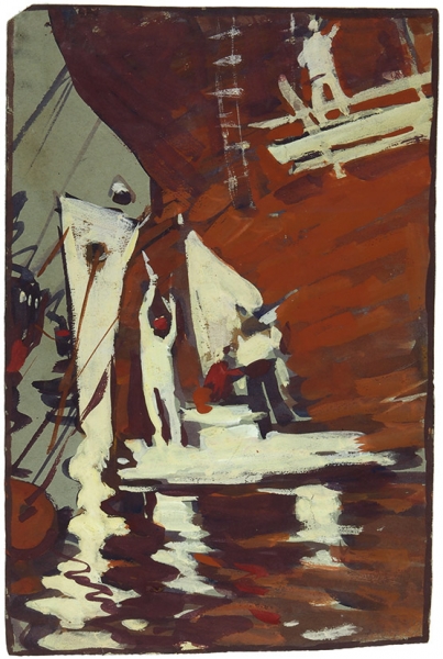 Назаров Константин Борисович (1933–1981) «Покраска корабля». 1971. Бумага, темпера, 38x25 см.