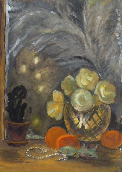 Раубе-Горчилина Мария Вячеславовна (1900–1979) «Натюрморт с цветами и фруктами». 1935. Бумага, темпера, 42x30 см.