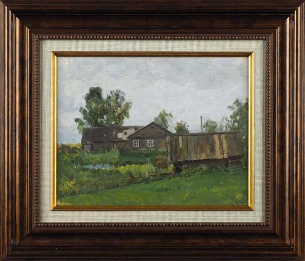 Сергеев Николай Сергеевич (1908–1989) «Домики у пруда». 1965. Картон, масло, 19x24,5 см.
