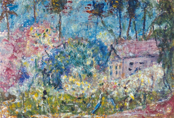 Зейтман Исай Михайлович (1899–1996) «Домик в саду». 1980. Клеенка, масло, 73x51 см.