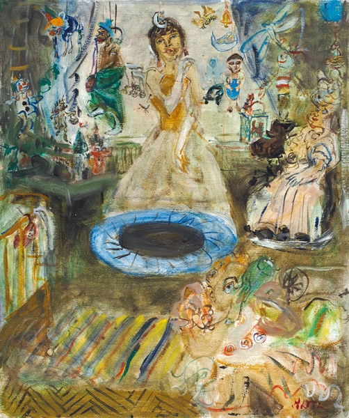 Конышева Натта Ивановна (род. 1935) «У Медведевых». 1990-е. Картон, масло, 59x50 см.