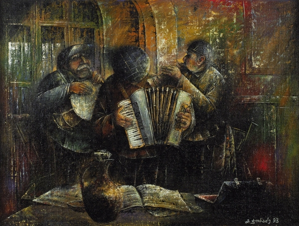 Джохадзе Мераб Амбакоевич (род. 1949) «Музыканты». 1993. Холст на фанере, масло, 41x54 см.
