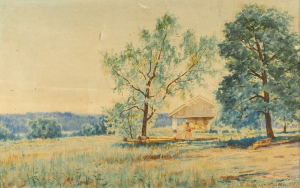 Никитин Никита Никитич (1860 — первая треть ХХ века) «Летний пейзаж». 1898. Бумага, акварель, 30,2x47,6 см (в свету).