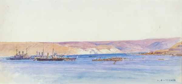Гриценко Николай Николаевич (1856–1900) «Корабли в бухте». 1890-е. Бумага, акварель, 15,5x33 см.