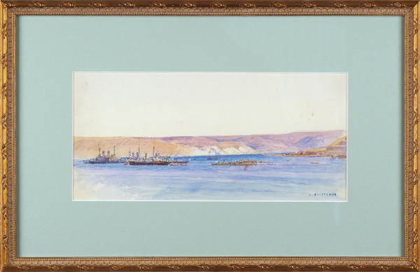 Гриценко Николай Николаевич (1856–1900) «Корабли в бухте». 1890-е. Бумага, акварель, 15,5x33 см.