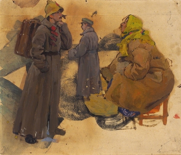 Дроздов Иван Георгиевич (1880–1939) «Красноармейцы и женщина». 1927. Бумага на фанере, масло, 30x35 см.