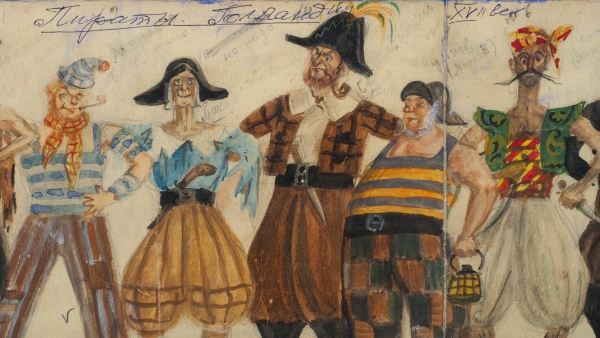 Мазанов Анатолий Михайлович (1909-1969) «Пираты Голландии. XVII век». Эскиз костюмов. 1940-е. Бумага (составная основа), акварель, белила, 15x42 см.