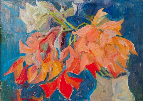 Нагаевская Елена Варнавовна (1900–1990) «Натюрморт с красными лилиями». 1958. Фанера, масло, 36x50 см.