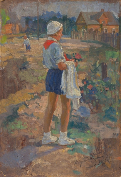 Дроздов Иван Георгиевич (1880–1939) «Девочка с цветком». 1938. Картон, масло, 33x48 см.