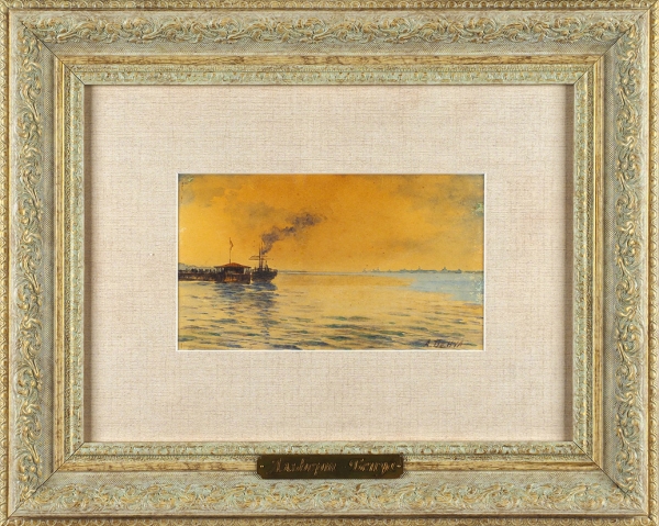 Бенуа Альберт Николаевич (1852–1936) «Яхта у пристани». 1890-е-1900-е. Бумага, акварель, белила, 12x21 см.