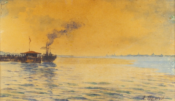 Бенуа Альберт Николаевич (1852–1936) «Яхта у пристани». 1890-е-1900-е. Бумага, акварель, белила, 12x21 см.