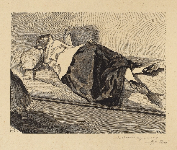 Маторин Михаил Владимирович (1901–1976) «Лежащая женщина». Из альбома «Авто-гравюры». 1920. Бумага, линогравюра, 14,2x18,2 см (лист), 14,3x18,2 см (оттиск).