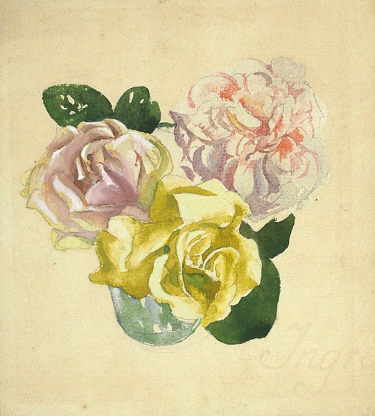 Тырса Николай Александрович (1887–1942) «Три розы в стакане». 1906. Бумага на картоне, итальянский карандаш, акварель, 15,6x14 см.