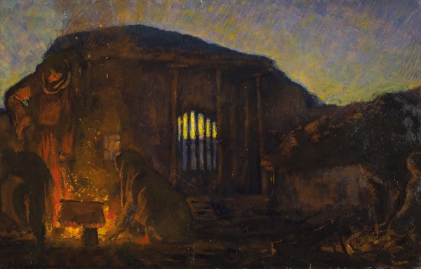 Лансере Евгений Евгеньевич (1875–1946) «Сумерки. Костер». 1926. Картон, смешанная техника, 33,6x52,6 см.