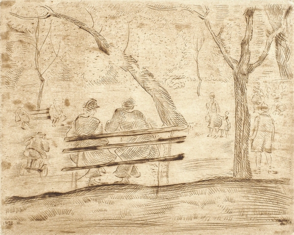 Митрохин Дмитрий Исидорович (1883–1973) «Двое на скамейке». 1928. Бумага, резец, 21x24,7 см (лист), 9,8x12,2 см (оттиск).