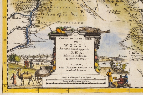 Течение реки Волги, в древности называемой Ра. В соответствии с описанием Олеария / карт. П. ван дер Аа. [Pieter van der Aa: Le Cours de la Riviere de Wolga. Anciennement appellee RHA]. Лейден, 1720.