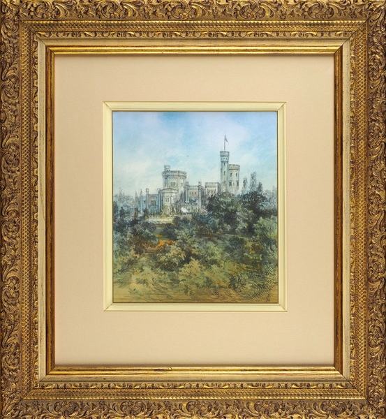 Шарлемань (Charlemagne) Адольф Иосифович (1826–1901) «Пейзаж с замком». 1859. Бумага на картоне, графитный карандаш, акварель, 23,3x20,7 см.