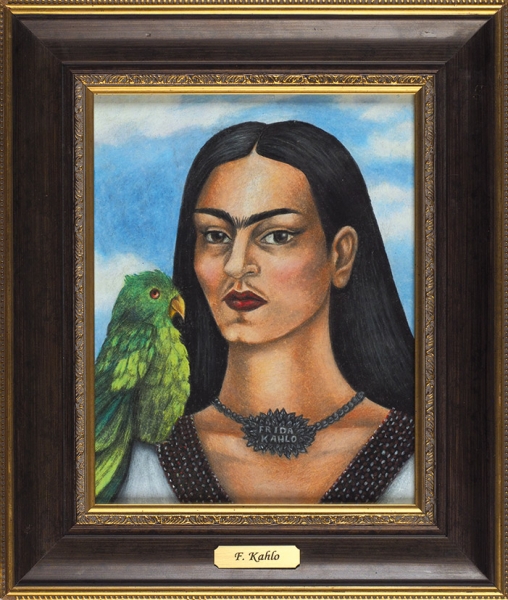Кало (Kahlo) Фрида (1907-1954) «Автопортрет с попугаем». 1940-е. Бумага, смешанная техника, 24x19 см (в свету).