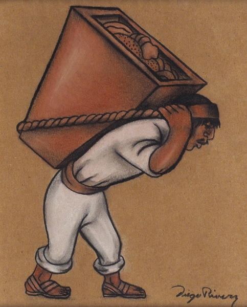 Ривера (Rivera) Диего (1886-1957) «Мужчина, несущий корзину». 1940-е. Бумага, смешанная техника, 24,5x19,5 см (в свету).