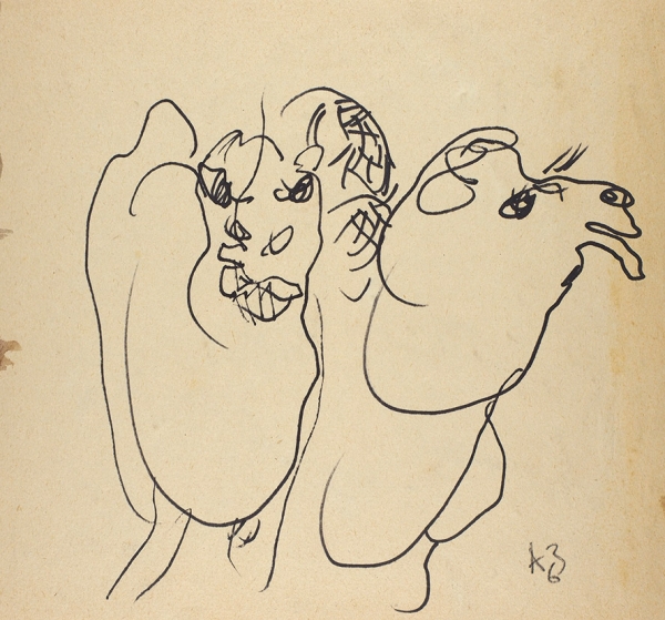 Зверев Анатолий Тимофеевич (1931 — 1986) «Два верблюда». На обороте «Античная голова». 1963. Бумага, тушь; акварель, 27,7x29 см.