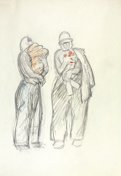 Сойфертис Леонид Владимирович (1911–1996) «На обед». Рисунок из цикла «На стройке». 1960-е. Бумага, графитный и цветные карандаши, 26,7x18,7 см.