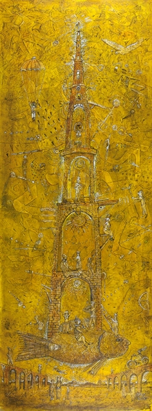 Кафанов Василий (род. 1952) «Вавилон желтый». 2013. Холст, акрил, тушь, 154x58 см.