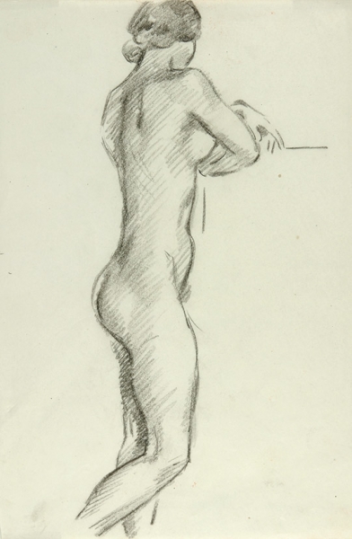 Тырса Николай Александрович (1887–1942) «Стоящая обнаженная модель». 1920-е. Бумага, черный карандаш, 33,2x20,5 см.