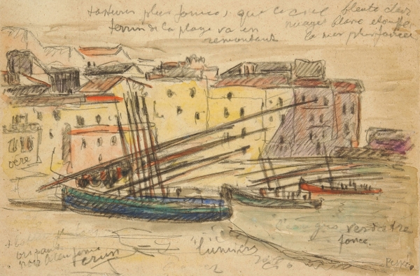 Песке Жан (1870–1949) «Пейзаж с лодками». 1930-е. Бумага, графитный карандаш, акварель, 17,8x26,7 см.