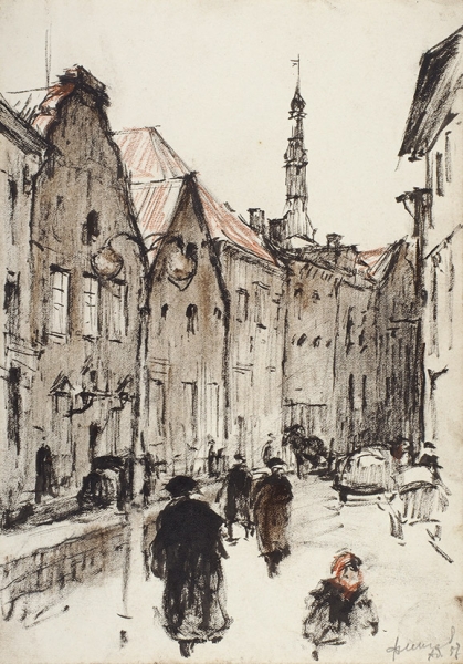 Алексеев Адольф Евгеньевич (1934–2000) «Улица в Таллине». 1957. Бумага, тушь, пастель, 27x19 см.