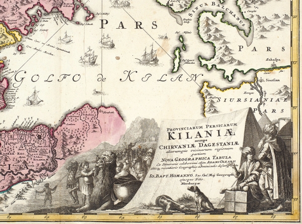 Карта акватории Каспийского моря, а также сопредельных территорий / карт. Иоганн Баптист Гоманн. [Provinciarum Persicarum Kilaniae]. Нюрнберг, 1720.