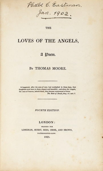 Мор, Т. Любовь ангелов. Поэма. [Moore, T. The loves of the angels. На англ. яз.]. 4-е изд. Лондон: Printed for Longman, Hurst, Rees, Orme and Brown, 1823.