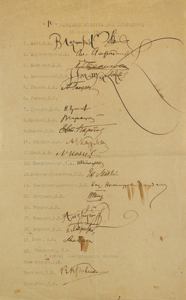 Автографы Блока, Гумилева, Ремизова и еще 15 писателей, поэтов и журналистов на списке участвующих в заседании Комитета Дома литераторов. Дат. 15 января 1921 г.