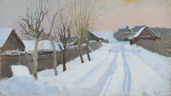 Сергеев Николай Сергеевич (1908–1989) «Зима. Закат». 1969. Картон, масло, 50x87 см.