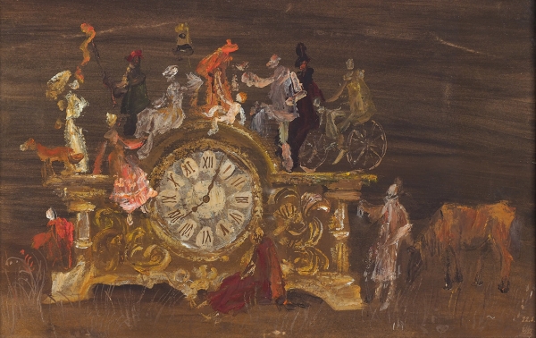 Измайлов Евгений Аскерович (род. 1939) «Часы». 1976. Картон, темпера, 33,5x54 см (в свету).