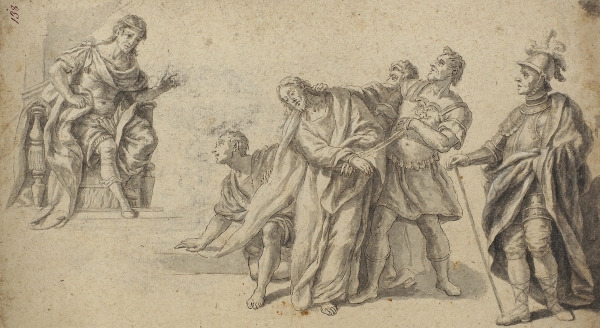 Неизвестный русский художник «Христос перед Понтием Пилатом». На обороте «Монах перед распятием». 1790-е. Бумага, тушь, перо, кисть, 24,3x44 см.