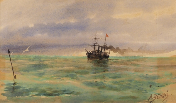 Бенуа Альберт Николаевич (1852–1936) «Морской пейзаж». 1920-е. Бумага, акварель, 16,5x28 см (в свету).