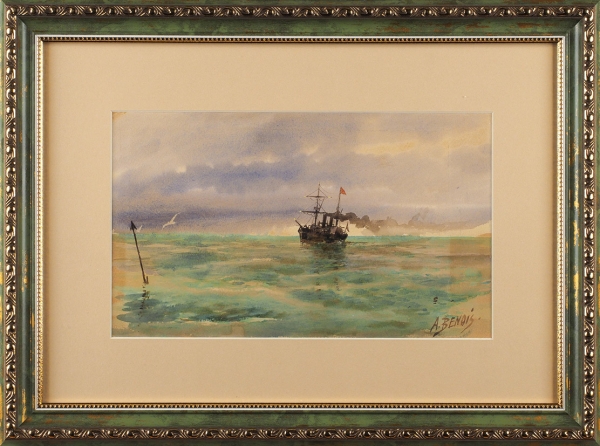 Бенуа Альберт Николаевич (1852–1936) «Морской пейзаж». 1920-е. Бумага, акварель, 16,5x28 см (в свету).