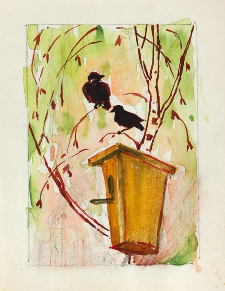 Дейнеко Ольга Константиновна (1897–1970) «Воробьи». 1940-е. Бумага, акварель, графитный карандаш, 18,1x14,5 см.
